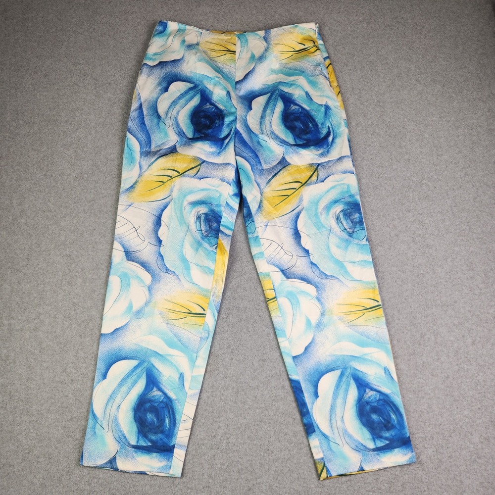 Krazy Larry Pants Womens 10 Blue Floral Rose Cotton Stretch Slim Fit‎ Side Zip